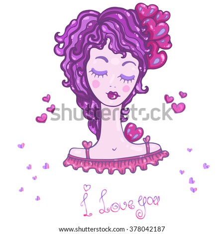 Vector hand drawn illustration  love card. Girl with heart in purple hair. Original hand drawn phrase I love you. Painted on a white background