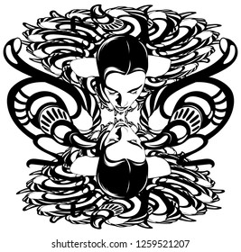 Vector hand drawn illustration of lying girl with reflection . Creative tattoo artwork. Template for card, poster, banner, print for t-shirt, pin, badge, patch.