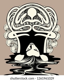 Vector hand drawn illustration of lying girl with water and door . Creative tattoo artwork. Template for card, poster, banner, print for t-shirt, pin, badge, patch.