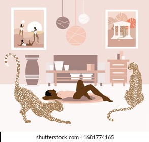 Vector  hand drawn illustration of lying girl in the room with cheetahs.  Creative artwork. Template for card, poster, banner, print for t-shirt, pin, badge, patch.