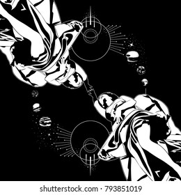 Vector hand drawn illustration of lying woman isolated. Tattoo artwork in realistic style with planets. Template for card, poster, banner, print for t-shirt, label.
