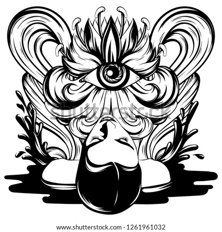Vector hand drawn illustration of lying girl with water lily and splashes . Creative tattoo artwork. Template for card, poster, banner, print for t-shirt, pin, badge, patch.