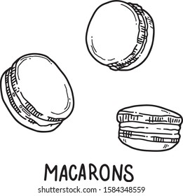 Vector hand drawn illustration of Macarons. Popular French dessert, flat and cartoon style, isolated on white background. For menu, restaurants, cafe, market, print design.