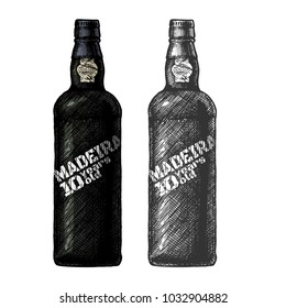 Vector hand drawn illustration of Madeira bottles, type of Portuguese dessert wine in vintage engraved style. 10 years old. Color and black-and-white versions.