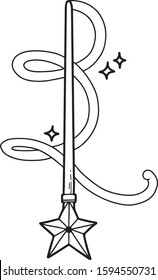 Vector hand drawn illustration of magic wand. Fairytale symbols. Flat and cartoon style. For print design, tattoo, stickers, badges.