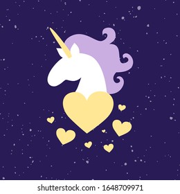 Vector hand drawn illustration of magic fat white unicorn horse head with purple mane isolates on speckles backgroung with yellow hearts. Childrens, kids concept. Poster, card, print template