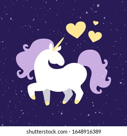 Vector hand drawn illustration of magic fat unicorn horse stood with up leg isolates on night sky backgroung with hearts. Starry night sky. Childrens, kids concept. Poster, card, print template
