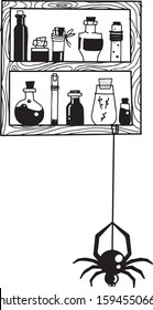 Vector hand drawn illustration of magical bottles with potions on the shelf, spider. Alchemy and witchcraft symbols. Flat and cartoon style. For stickers, tattoo, print design, cards.