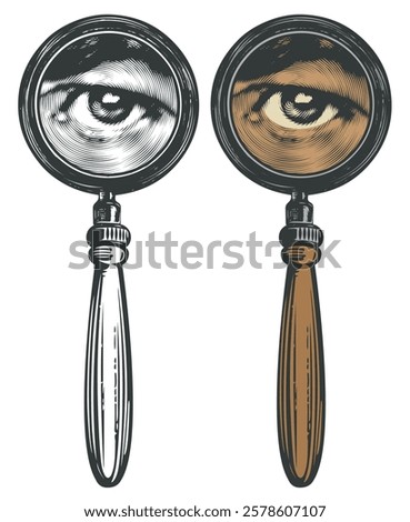 vector hand drawn illustration of magnifying glass with human eye