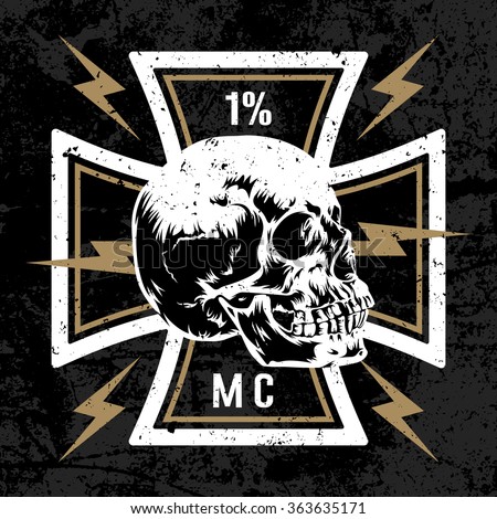 Vector hand drawn illustration with Maltese cross with a skull. Biker symbol. Motorcycle club T shirt graphics concept. Grunge texture on separate layer