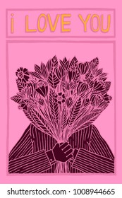 vector hand drawn illustration of a man holding flowers with the writing i love you in a cartoon style