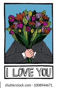 vector hand drawn illustration of a man holding flowers in front of his face and saying I love you
