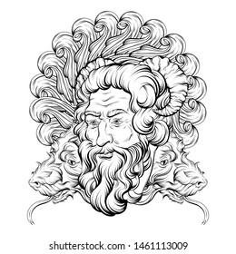 Vector hand drawn illustration of man with horns and beard with fantastic dragon isolated. Creative tattoo artwork. Template for card, poster. banner, print for t-shirt, pin, badge, patch.