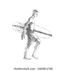 Vector hand drawn illustration. Man with board walking along the beach. Summer vacation. Black and white sketch of surfer.