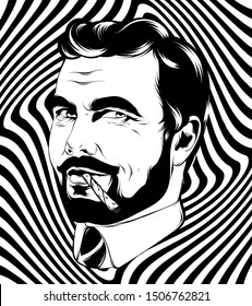 Vector hand drawn illustration of man with beard and cigarette isolated. Creative tattoo artwork. Template for card, poster. banner, print for t-shirt, pin, badge, patch.