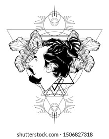 Vector hand drawn illustration of man with dreadlocks and beard isolated. Tattoo artwork. Template for card, poster. banner, print for t-shirt, pin, badge, patch.