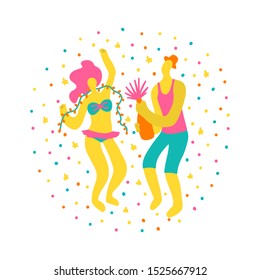 Vector hand drawn illustration with man and woman in swimsuits. Man and woman having fun at a party. Couple in swimsuits with sparklers and glasses. Party on the beach