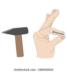 Vector hand drawn illustration of man hammers in the nail isolated on white background. Construction and repair, tool shop. Male hand holding hammer