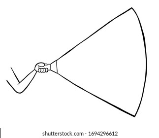 Vektorillustration handgezeichnete Illustration des Menschen mit einer Taschenlampe. Schwarze Umrisse und weißer Hintergrund.