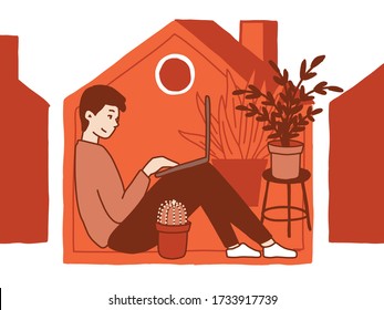 Vector Hand Drawn Illustration Of Man In Home Office. Home Decorated With Plants. Flat Bright Monochromatic Colors. Stay Home Stay Safe