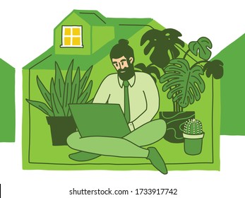 Vector hand drawn illustration of man in home office. Home decorated with plants. Flat bright Monochromatic colors. Stay home stay safe