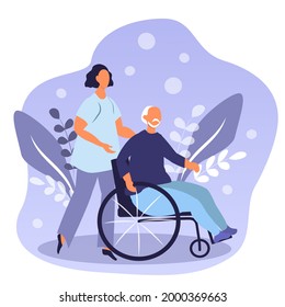 vector hand drawn illustration - an man who uses a wheelchair. behind there is a woman who helps him. trend illustration in flat style