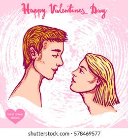 Vector hand drawn illustration of man and woman on the background with paper texture. Boy and girl, sketch. Linear art in vintage style for design.