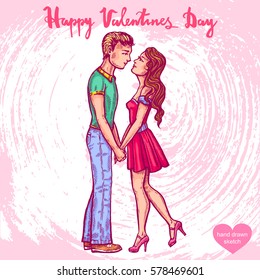 Vector hand drawn illustration of  man and woman on background with paper texture. Couple - boy and girl, sketch. Linear art in vintage style for design.