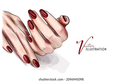 Vector hand drawn illustration of manicure and nail polish on woman hands