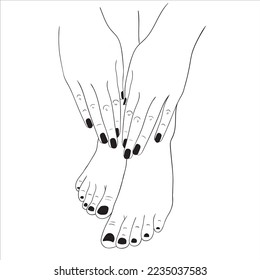 Vector hand drawn illustration of manicure and pedicure. Close up of elegant beautiful woman legs and hands.