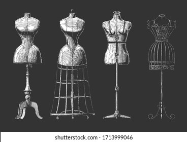 Vector hand drawn illustration of mannequins set in vintage engraved style. Old fashion dummy, dress-stand with bustle, adjustable dress form, frame mannequin. isolated on black background. front view