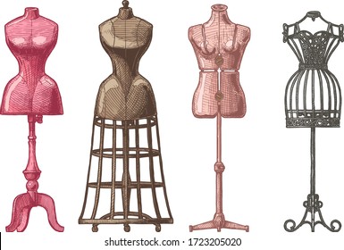 Vector hand drawn illustration of mannequins set in vintage engraved style. Old fashion dummy, dress-stand with bustle, adjustable dress form, frame mannequin. on white background