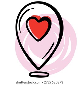 Vector hand drawn illustration of a map pin or location pointer with a heart shape inside. Concept for romantic destinations, meeting a partner, finding love, and emotional connection across distances. Minimalist sketchy style on white background.
