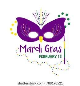 Vector hand drawn illustration for Mardi Gras holiday with purple carnival mask and colorful beads.

