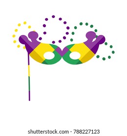 Vector hand drawn illustration for Mardi Gras holiday with harlequin mask and colorful beads isolated on white background.
