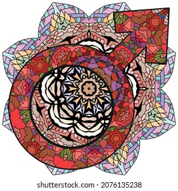 Vector hand drawn illustration of MARS sign with mandala. Horoscope signs, magic symbols, icons.
