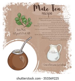 vector hand drawn illustration of mate tea recipe with list of ingredients
