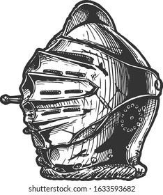 Vector hand drawn illustration of Maximilian Armet (Close helmet of the High Middle Ages) in vintage engraved style. Isolated on white background.