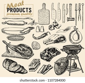 Vector hand drawn Illustration with meat products. Sketch. Vintage style. Retro background.  Meat, bacon, sausage, herb and spices illustration for menu, recipe and print.