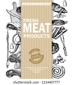 Vector hand drawn Illustration with meat products. Restaurant menu template. Frame with meat products sketch. farm market Card local meat shop. vintage design template, banner.