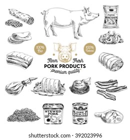 Ilustração vetorial desenhada à mão com produtos à base de carne. Carne de porco. Esboço. Estilo vintage. Fundo retrô. 