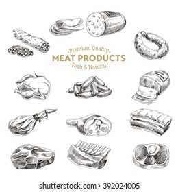 Vector hand drawn Illustration with meat products. Sketch. Vintage style. Retro background. 