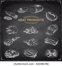 Vector hand drawn Illustration with meat products. Sketch. Vintage style. Retro background. Chalkboard