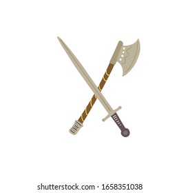 Vector hand drawn  illustration of  medieval sword and battle ax isolated on white background. Flat design.