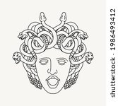 Vector hand drawn illustration of medusa Gorgon. Creative artwork with portrait. Template for card, poster, banner, print for t-shirt, pin, badge, patch.