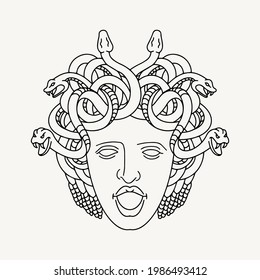 Vector hand drawn illustration of medusa Gorgon. Creative artwork with portrait. Template for card, poster, banner, print for t-shirt, pin, badge, patch.