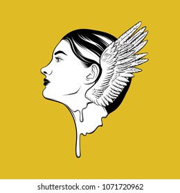 Vector hand drawn illustration of melting girl with wings  isolated. Creative tattoo artwork.  Template for card, poster, banner, print for t-shirt, pin, badge and patch.