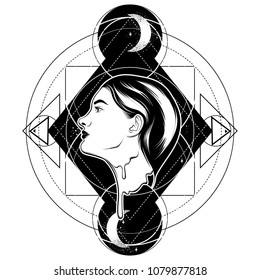 Vector hand drawn illustration of melting girl isolated. Creative tattoo artwork.  Template for card, poster, banner, print for t-shirt, pin, badge and patch.