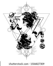 Vector hand drawn illustration of men with planets and smoking pipes isolated. Surreal tattoo artwork. Template for card, poster. banner, print for t-shirt, pin, badge, patch.