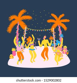 Vector hand drawn illustration with men and women in swimsuits celebrate New Year on the beach. Man and woman having fun at a Christmas party. Celebrating the New Year in tropics